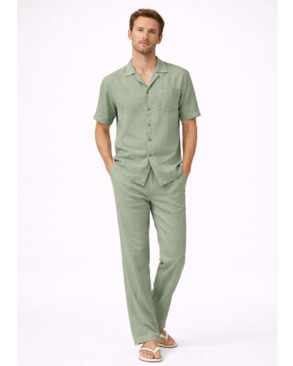 Ensemble homme 2 pieces chemise col cubain et pantalon droit