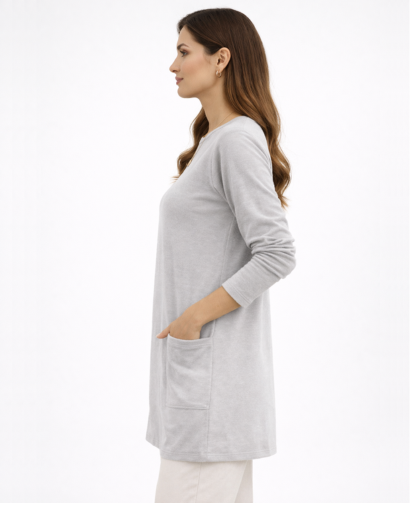 Tunique longue femme coupe droite manches longues avec poches plaquées