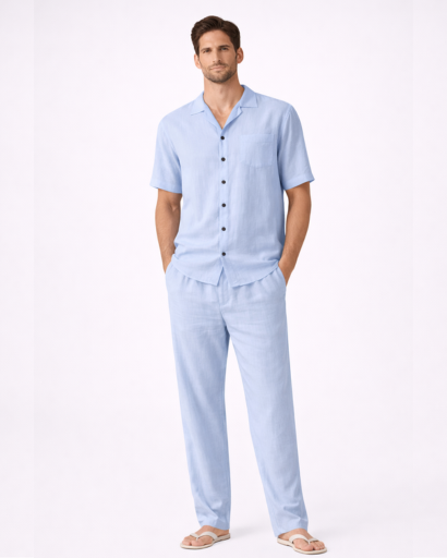 Ensemble homme 2 pieces chemise col cubain et pantalon droit