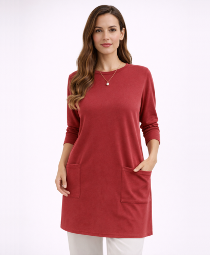 Tunique longue femme coupe droite manches longues avec poches plaquées