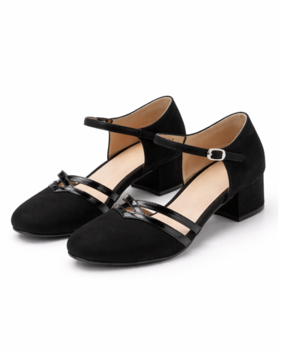 Escarpins babies à talon bloc avec bride cheville et doubles brides décoratives