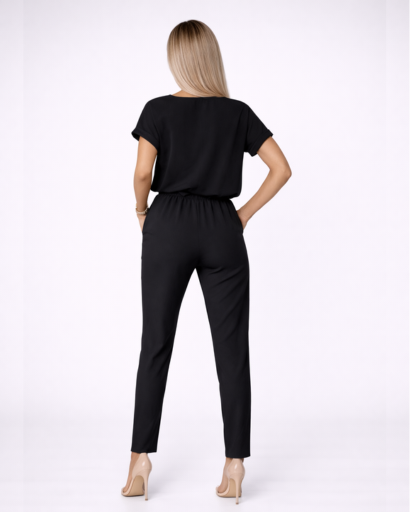 Ensemble femme 2 pièces – top manches courtes à encolure fendue et pantalon taille ceinturée