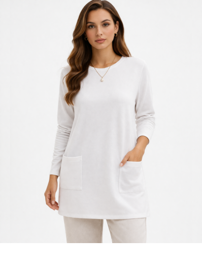 Tunique longue femme coupe droite manches longues avec poches plaquées