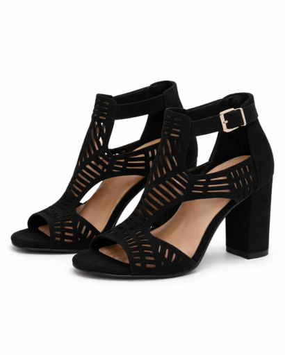 Sandales à talon bloc ajourées avec bride cheville et découpe graphique