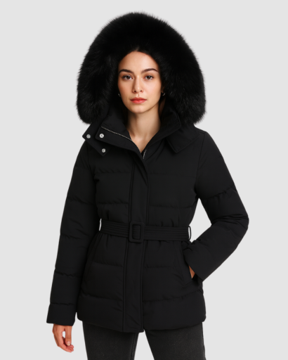 Doudoune Femme Ceinturée avec Capuche en Fausse Fourrure – Élégance & Chaleur