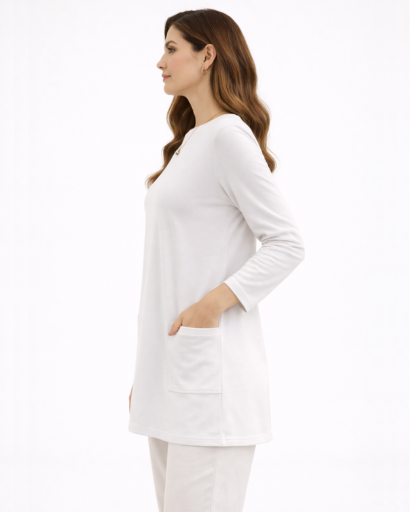Tunique longue femme coupe droite manches longues avec poches plaquées