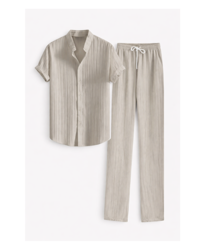 Ensemble chemise homme texturée manches courtes et pantalon droit à cordon – vue 2