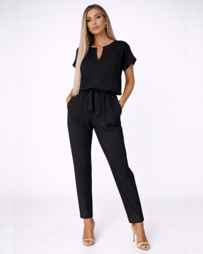 Ensemble femme 2 pièces – top manches courtes à encolure fendue et pantalon taille ceinturée