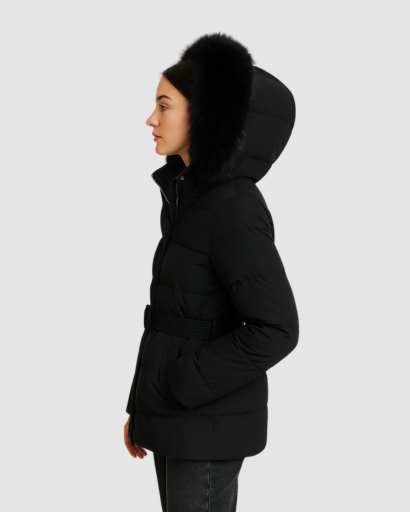 Doudoune Femme Ceinturée avec Capuche en Fausse Fourrure – Élégance & Chaleur