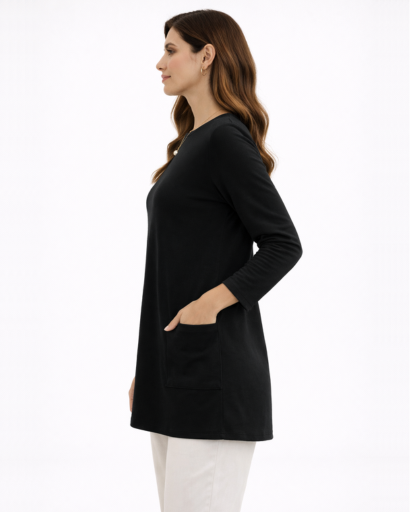 Tunique longue femme coupe droite manches longues avec poches plaquées