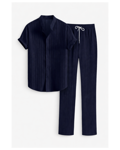 Ensemble chemise homme texturée manches courtes et pantalon droit à cordon – vue 9