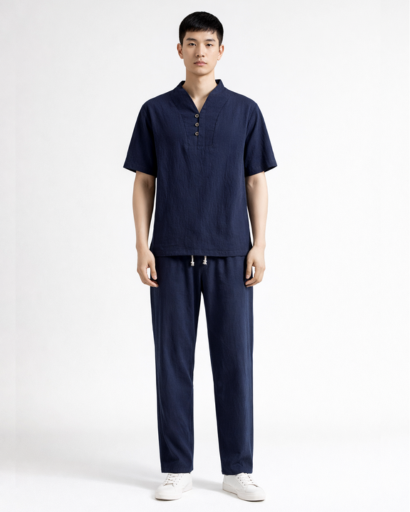 Ensemble homme col fendu à manches courtes et pantalon droit