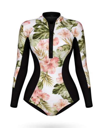 Maillot de bain une pièce manches longues zip frontal imprimé