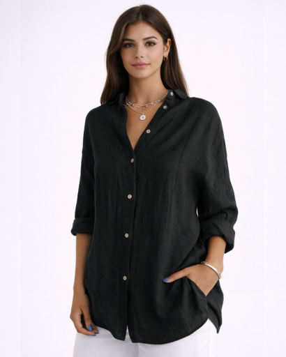 Chemise femme fluide à manches longues avec col classique et boutons