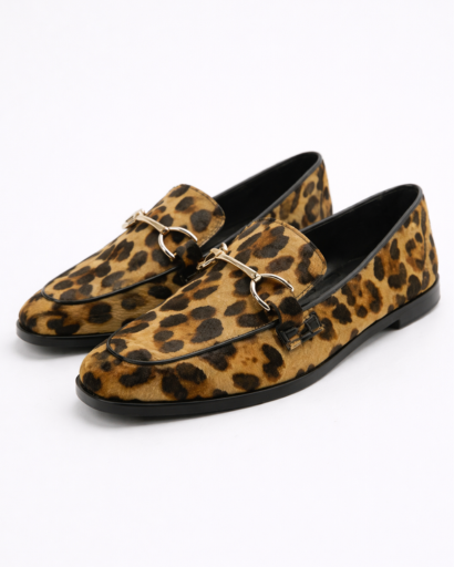 Mocassins Femme Imprimé Léopard à Bout Rond avec Ornement Métallique Style Équestre
