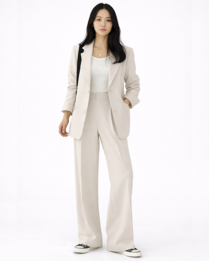 Ensemble Tailleur Femme Blazer Structuré & Pantalon Fluide – Bureau Chic | Invitée de Mariage & Élégance