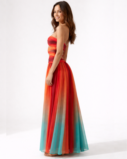 Robe longue bustier drapée avec découpes taille et jupe fluide