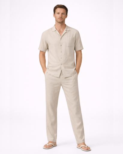 Ensemble homme 2 pieces chemise col cubain et pantalon droit
