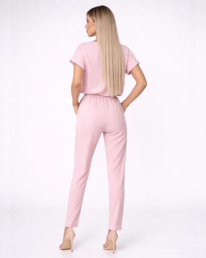 Ensemble femme 2 pièces – top manches courtes à encolure fendue et pantalon taille ceinturée