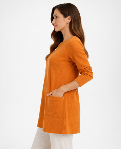 Tunique longue femme coupe droite manches longues avec poches plaquées