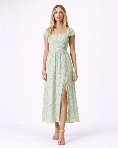 Robe longue femme à manches courtes et fente élégante