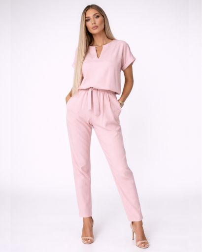 Ensemble femme 2 pièces – top manches courtes à encolure fendue et pantalon taille ceinturée