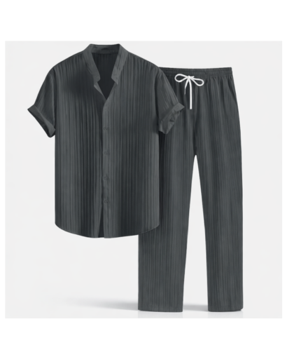 Ensemble chemise homme texturée manches courtes et pantalon droit à cordon – vue 6
