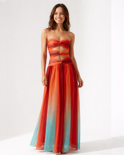 Robe longue bustier drapée avec découpes taille et jupe fluide