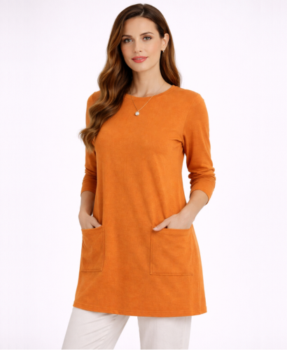 Tunique longue femme coupe droite manches longues avec poches plaquées