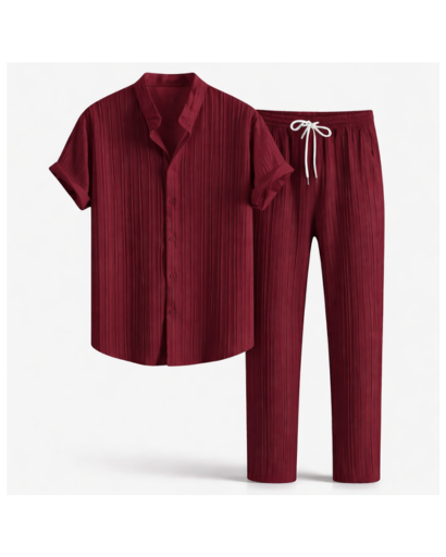 Ensemble chemise homme texturée manches courtes et pantalon droit à cordon – vue 8