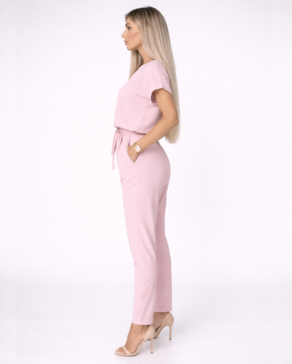 Ensemble femme 2 pièces – top manches courtes à encolure fendue et pantalon taille ceinturée