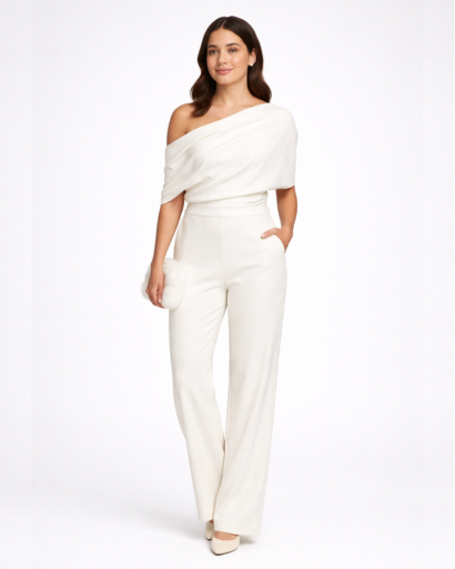 Combinaison élégante asymétrique à une épaule avec taille marquée et pantalon large