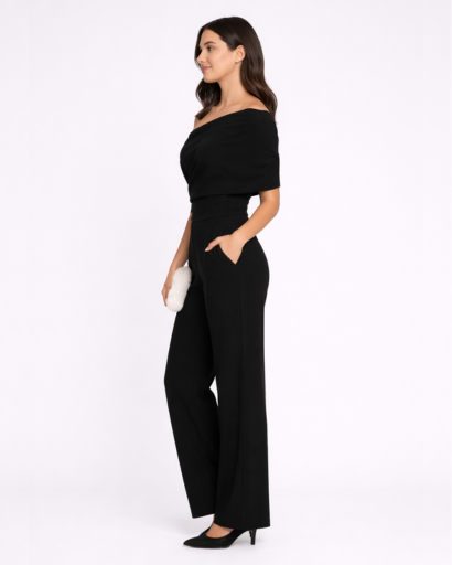 Combinaison élégante asymétrique à une épaule avec taille marquée et pantalon large