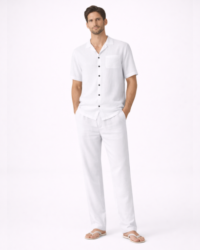 Ensemble homme 2 pieces chemise col cubain et pantalon droit
