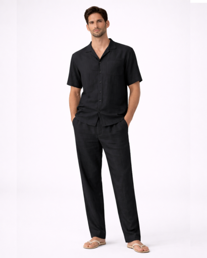 Ensemble homme 2 pieces chemise col cubain et pantalon droit