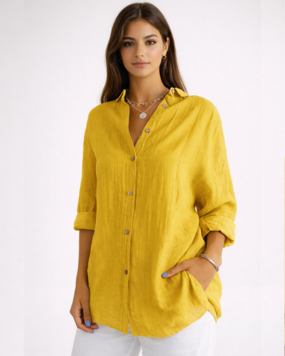 Chemise femme fluide à manches longues avec col classique et boutons