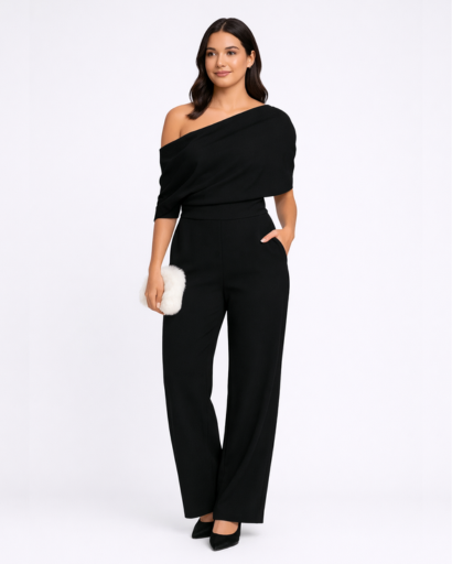 Combinaison élégante asymétrique à une épaule avec taille marquée et pantalon large