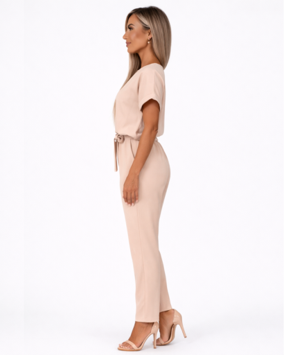 Ensemble femme 2 pièces – top manches courtes à encolure fendue et pantalon taille ceinturée