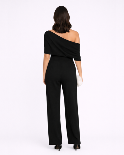 Combinaison élégante asymétrique à une épaule avec taille marquée et pantalon large
