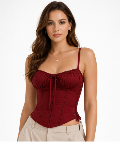 Top corset femme bretelles fines avec fronces et lien ajustable