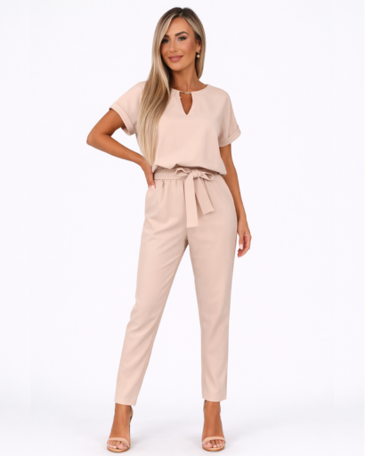 Ensemble femme 2 pièces – top manches courtes à encolure fendue et pantalon taille ceinturée