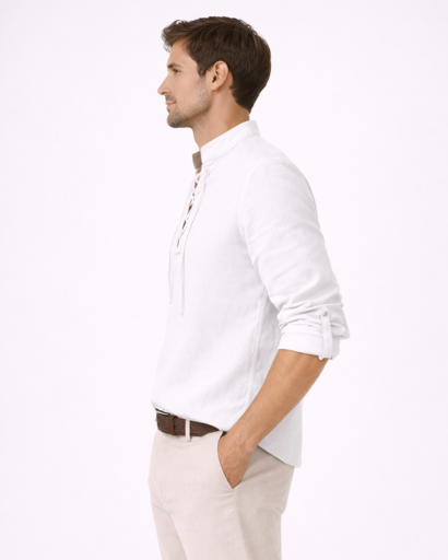 Chemise homme col tunisien à lacets – manches longues retroussables