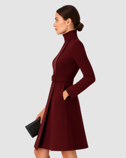 Robe Femme Col Montant Ceinturée Ajustée – Structurée & Chic | Cocktail Invitée Mariage