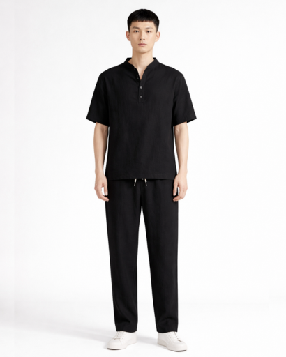Ensemble homme col fendu à manches courtes et pantalon droit