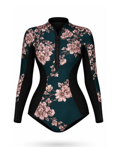 Maillot de bain une pièce manches longues zip frontal imprimé