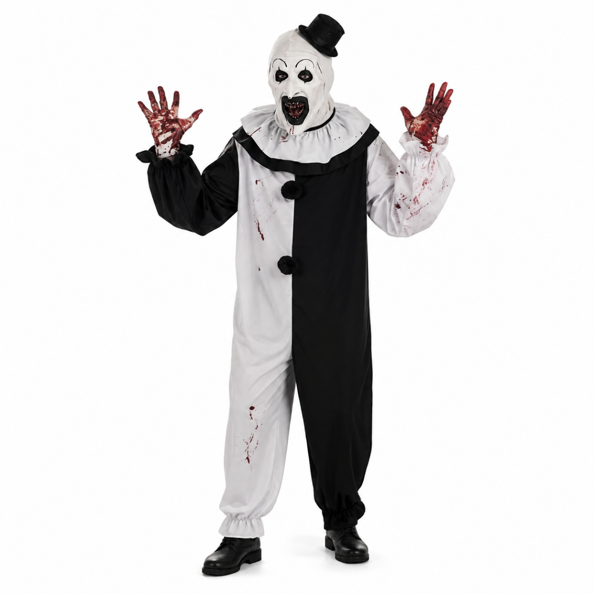 Costume harlequin noir et blanc avec col à volant et pompons, vue de face