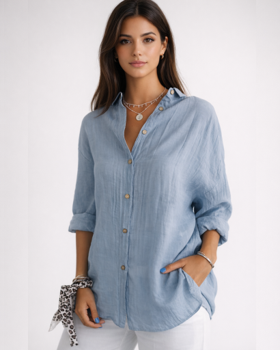 Chemise femme fluide à manches longues avec col classique et boutons