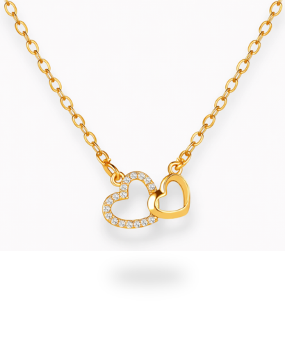 Collier pendentif double cœur entrelacé avec chaîne fine et motif pavé