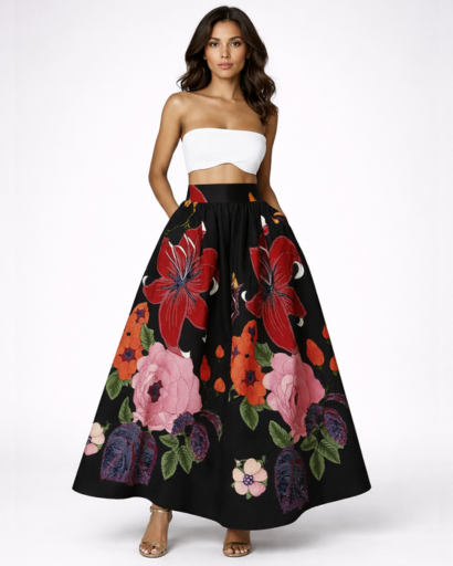Jupe Longue Évasée Taille Haute Imprimé Floral