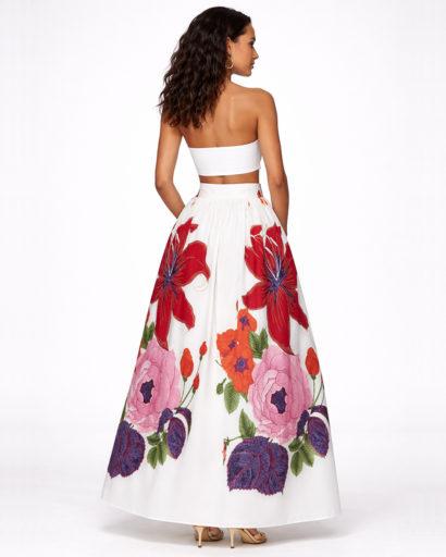 Jupe Longue Évasée Taille Haute Imprimé Floral